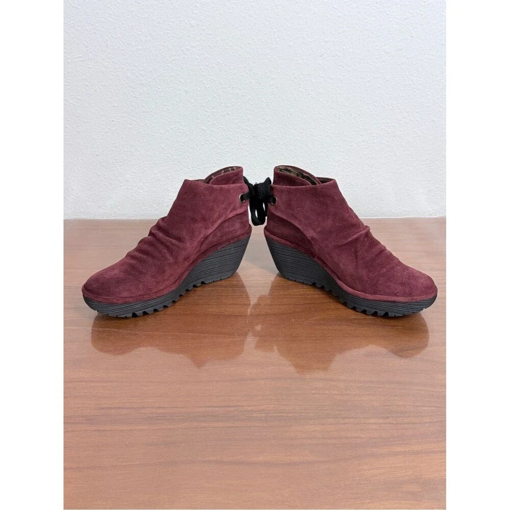Fly London Yama Burgundy Suede Wedge Ankle Booties 38